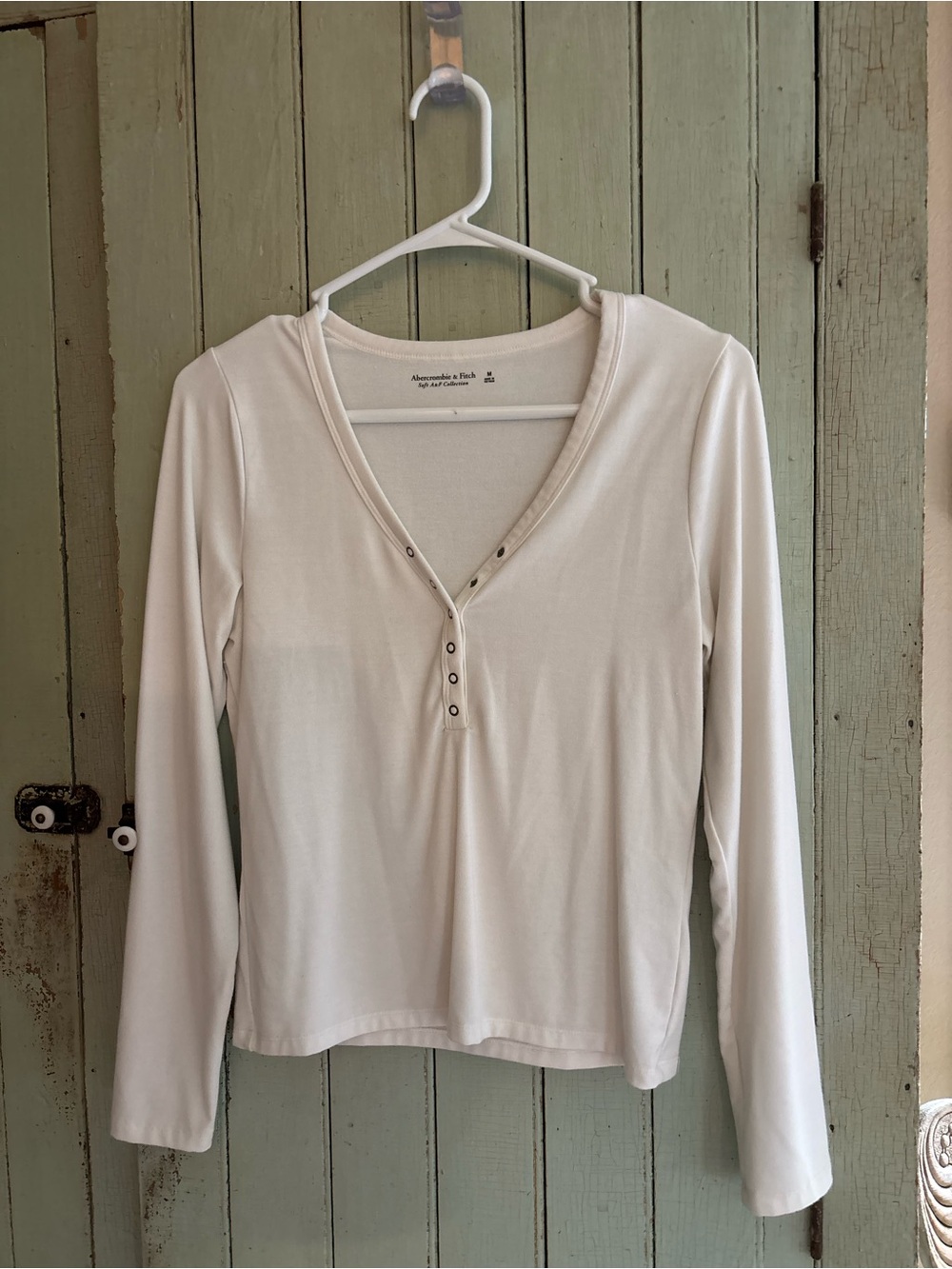 Abercrombie & Fitch Women's Cream Long-Sleeve Henley Top with Snap Placket